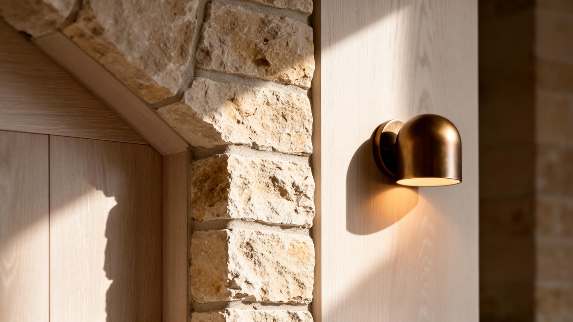 Limestone and white oak detail lit by a bronze sconce